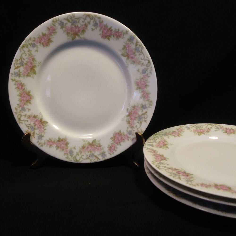 4 Vintage W.M. Guerin Limoges France Rose Floral Swag Band 6" B n B Plates